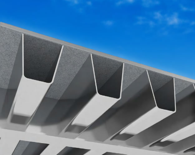 Sección de cubierta ortotrópica con rigidizadores de acero en Bogotá Colombia. Montajes, Ingeniería y Construcción MIC SAS. Sección de cubierta ortotrópica con rigidizadores de acero en Bogotá Colombia. Montajes, Ingeniería y Construcción MIC SAS.