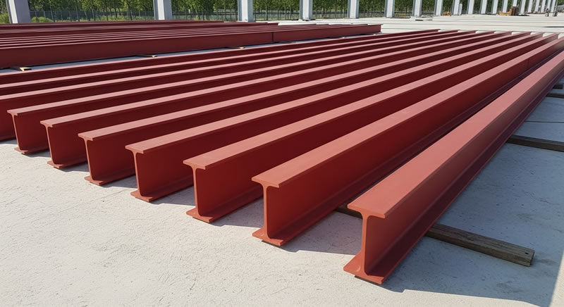 Vigas de acero con recubrimiento anticorrosivo rojo listas para uso en Bogotá, Colombia. Montajes, Ingeniería y Construcción. MIC SAS. Vigas de acero con recubrimiento anticorrosivo rojo listas para uso en Bogotá, Colombia. Montajes, Ingeniería y Construcción. MIC SAS.
