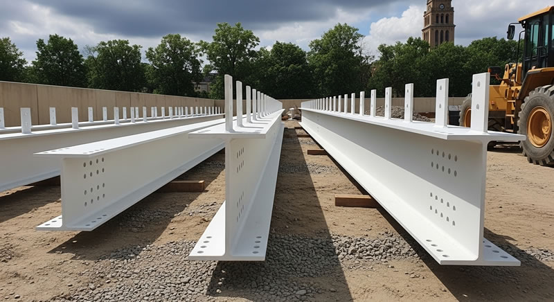Grandes vigas metálicas armadas blancas preparadas para el transporte en Bogotá, Colombia. Montajes, Ingeniería y Construcción. MIC SAS.