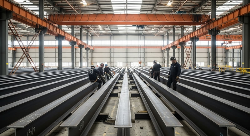 Inspección de vigas de acero prefabricadas en taller para logística en Bogotá, Colombia. Montajes, Ingeniería y Construcción. MIC SAS.