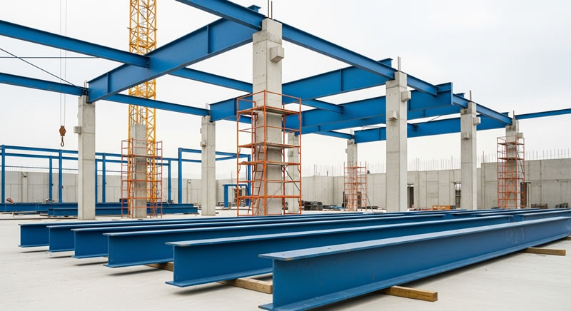 Vigas de acero azules prefabricadas para el montaje en la obra en Bogotá, Colombia. Montajes, Ingeniería y Construcción. MIC SAS.
