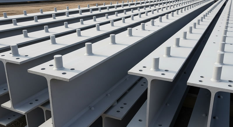 Vigas de acero prefabricadas apiladas asegurando integridad en Bogotá, Colombia. Montajes, Ingeniería y Construcción. MIC SAS.