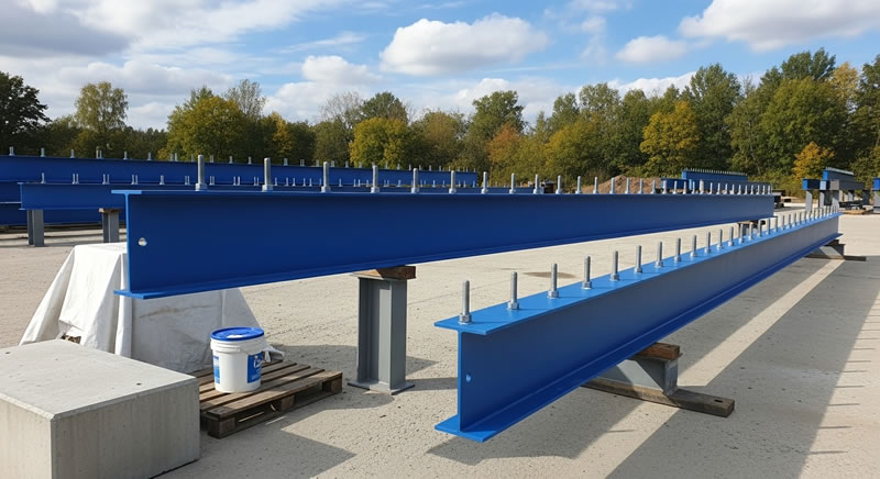 Vigas de acero prefabricadas azules con pernos para montaje en Bogotá, Colombia. Montajes, Ingeniería y Construcción. MIC SAS.