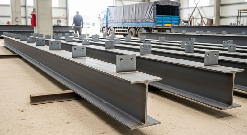 Vigas metálicas fabricadas con soportes listas para su logística en Bogotá, Colombia. Montajes, Ingeniería y Construcción. MIC SAS.