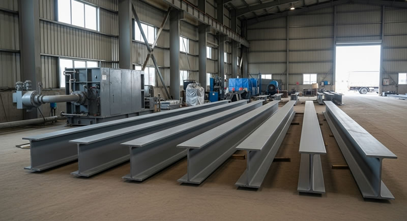 Vigas de acero prefabricadas despues del sandblasting listas para obra en Bogotá, Colombia. Montajes, Ingeniería y Construcción. MIC SAS.