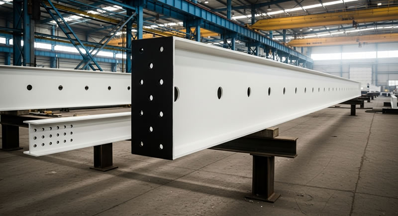 Viga de acero con recubrimiento protector blanco en taller en Bogotá, Colombia. Montajes, Ingeniería y Construcción. MIC SAS. Viga de acero con recubrimiento protector blanco en taller en Bogotá, Colombia. Montajes, Ingeniería y Construcción. MIC SAS.