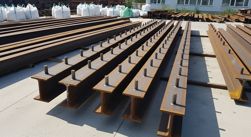 Vigas de acero con pernos soldados esperando tratamiento en Bogotá, Colombia. Montajes, Ingeniería y Construcción. MIC SAS. Vigas de acero con pernos soldados esperando tratamiento en Bogotá, Colombia. Montajes, Ingeniería y Construcción. MIC SAS.