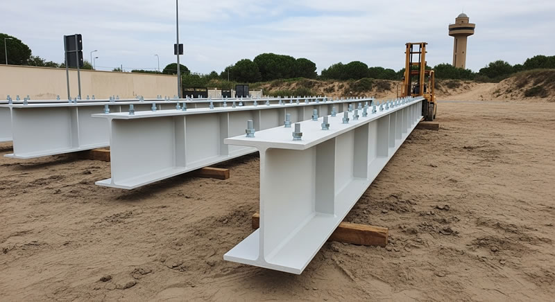 Vigas de acero pintadas con pernos listas para montaje en Bogotá, Colombia. Montajes, Ingeniería y Construcción. MIC SAS. Vigas de acero pintadas con pernos listas para montaje en Bogotá, Colombia. Montajes, Ingeniería y Construcción. MIC SAS.