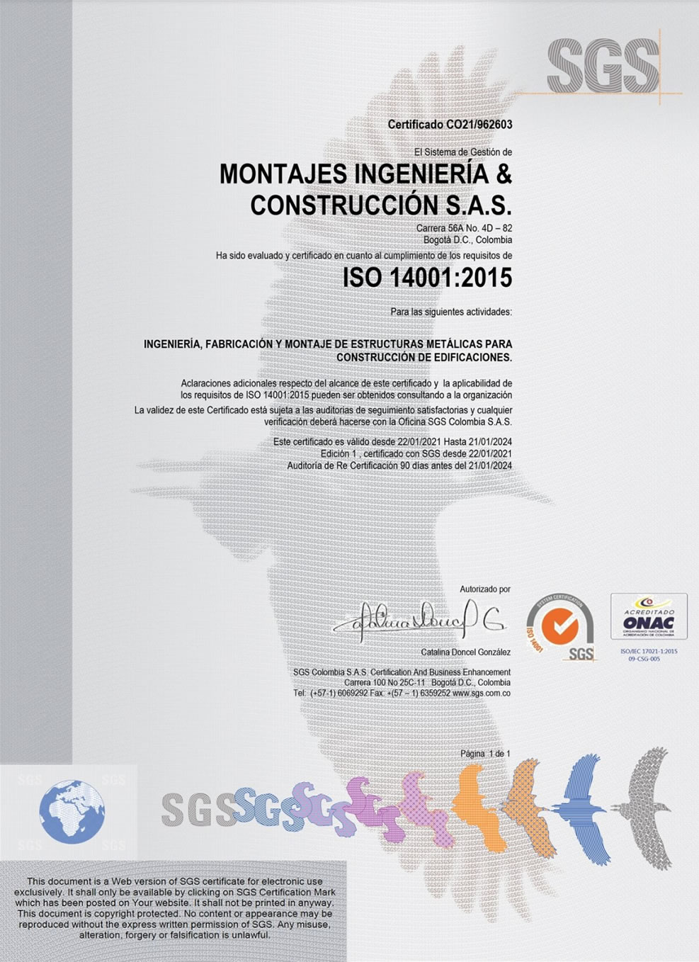 Certificación ISO 14001:2015 Montajes, Ingeniería y Construcción SAS. Bogotá, Colombia