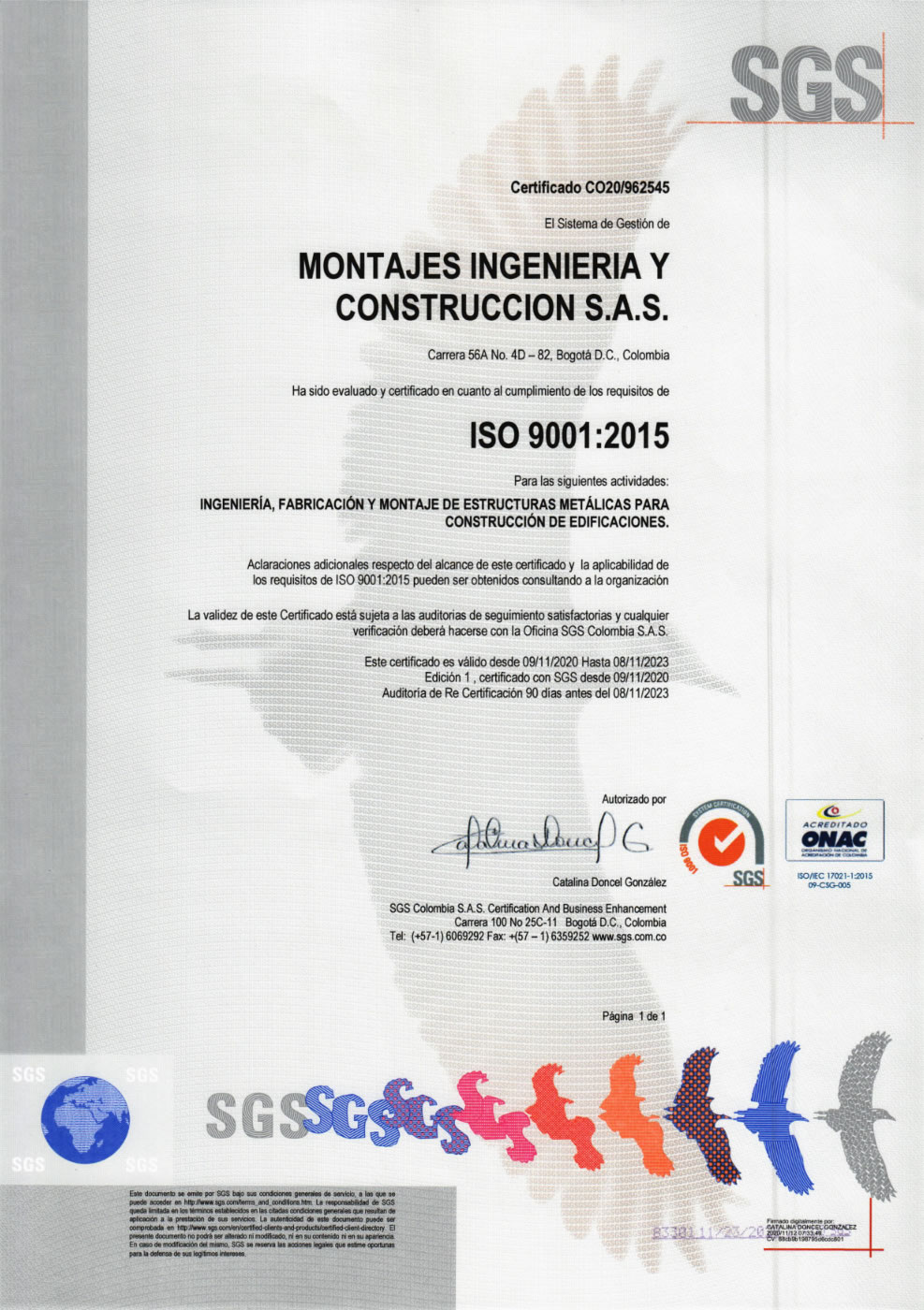 Certificación ISO 9001:2015 Montajes, Ingeniería y Construcción SAS. Bogotá, Colombia
