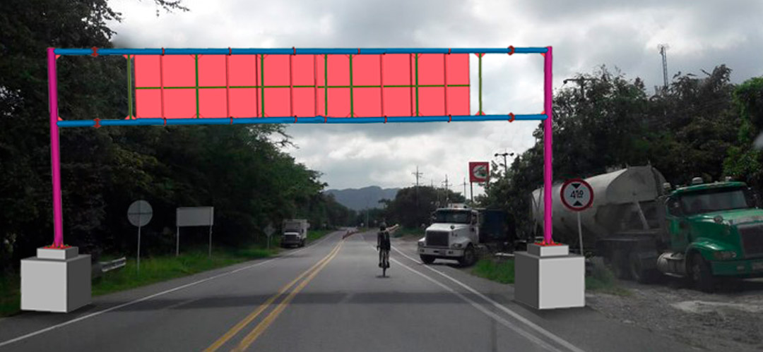Consiste en la fabricación e implementación de señales aéreas de tránsito para vías principales, autopistas o vías expresas en donde los vehículos circulan a velocidades relativamente altas. Consiste en la fabricación e implementación de señales aéreas de tránsito, las cuales corresponden a estructuras de gran tamaño, visibles a distancias lejanas y las cuales son aplicables en vías principales, autopistas, etc