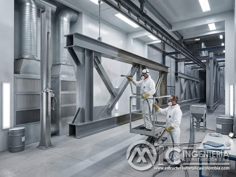 Medidas de Seguridad al Aplicar Pintura en Polvo en Estructuras Metálicas Elevadas con pintura en polvo electrostática aplicada sobre piezas metálicas en Bogotá, Colombia. Montajes, Ingeniería y Construcción. MIC SAS.