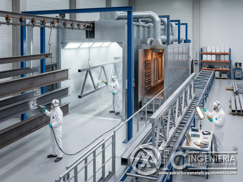 Pruebas y Certificaciones para Pintura en Polvo en Estructuras Metálicas de Alto Tráfico y Exposición con pintura en polvo electrostática aplicada sobre piezas metálicas en Bogotá, Colombia. Montajes, Ingeniería y Construcción. MIC SAS.
