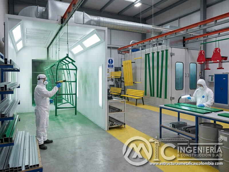 Inspección de Calidad de la Pintura en Polvo en Equipos de Parques Infantiles y Áreas de Juego con pintura en polvo electrostática aplicada sobre piezas metálicas en Bogotá, Colombia. Montajes, Ingeniería y Construcción. MIC SAS.