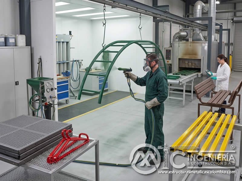 Medidas de Seguridad al Aplicar Pintura en Polvo en Áreas de Juego Infantiles con pintura en polvo electrostática aplicada sobre piezas metálicas en Bogotá, Colombia. Montajes, Ingeniería y Construcción. MIC SAS.