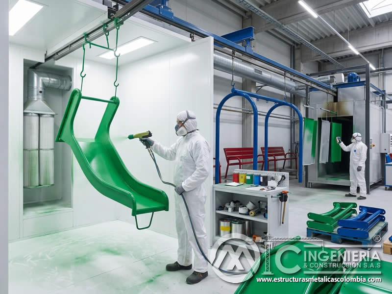 Vida Útil Esperada de la Pintura en Polvo en Equipos de Parques Infantiles y su Medición con pintura en polvo electrostática aplicada sobre piezas metálicas en Bogotá, Colombia. Montajes, Ingeniería y Construcción. MIC SAS.