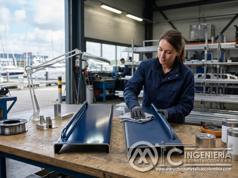 Elección de acabado brillante o mate en pintura en polvo para barandillas de muelles y barcos metálicos en Bogotá, Colombia. Montajes, Ingeniería y Construcción. MIC SAS.