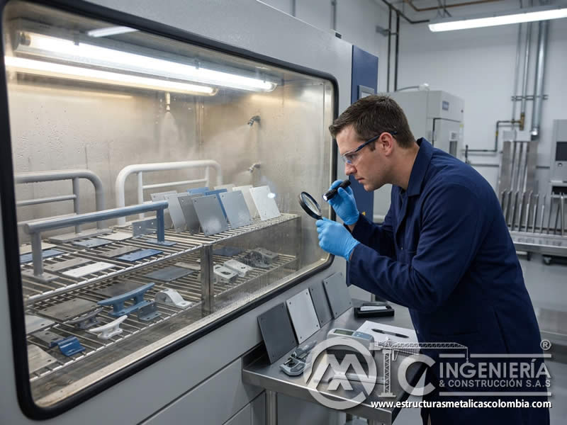 Pruebas de envejecimiento acelerado para pintura en polvo en ambientes marinos con humedad, salinidad y radiación en Bogotá, Colombia. Montajes, Ingeniería y Construcción. MIC SAS.