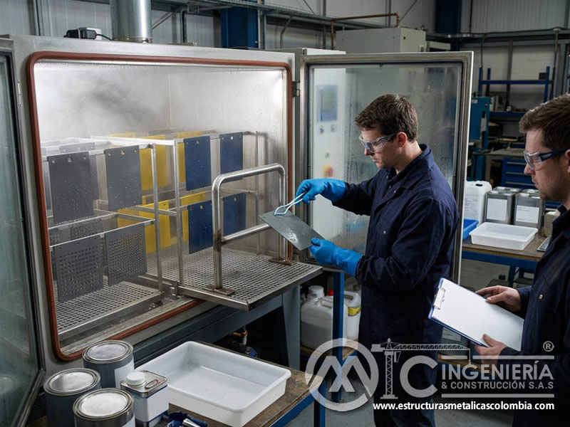 Pruebas de agua salada y niebla salina para pintura en polvo aplicada en piezas metálicas de uso marino en Bogotá, Colombia. Montajes, Ingeniería y Construcción. MIC SAS.