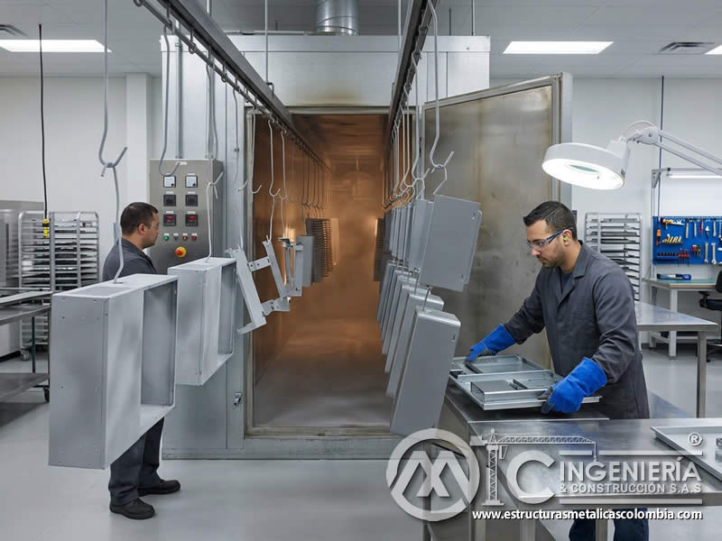 Curado de pintura en polvo en componentes electrónicos con control de temperatura, resistencia y durabilidad del acabado en Bogotá, Colombia. Montajes, Ingeniería y Construcción. MIC SAS.