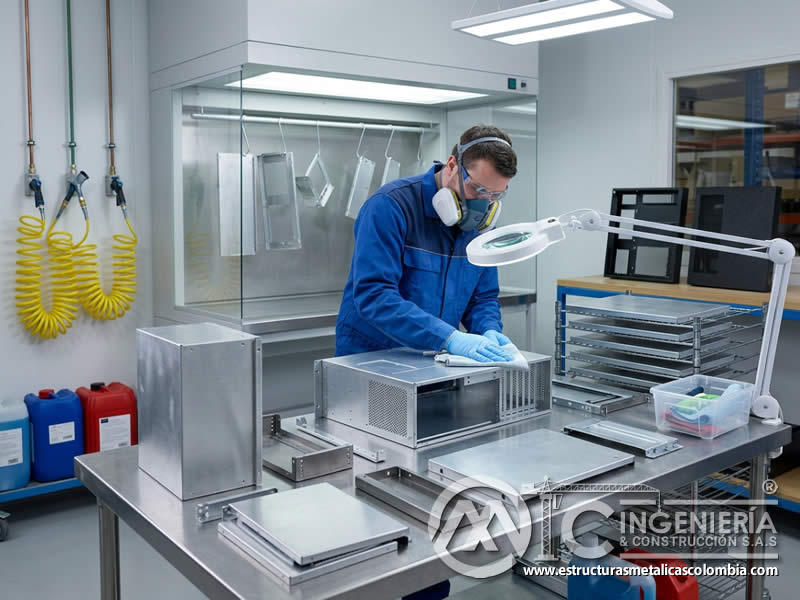 Preparación de superficies para pintura electrostática en polvo en componentes de la industria electrónica en Bogotá, Colombia. Montajes, Ingeniería y Construcción. MIC SAS.
