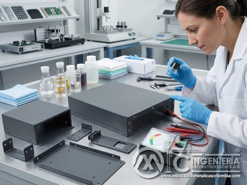 Resistencia química de pintura en polvo para componentes electrónicos expuestos a solventes, limpieza y sustancias industriales en Bogotá, Colombia. Montajes, Ingeniería y Construcción. MIC SAS.