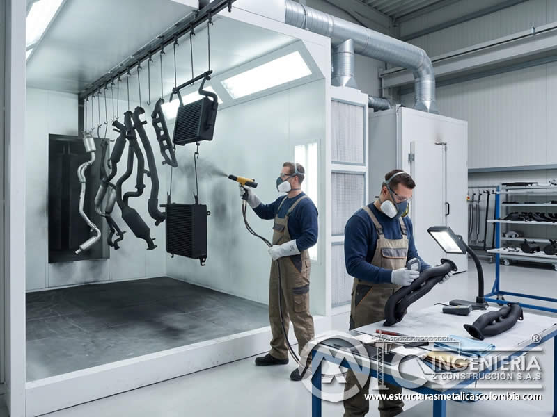 Medidas de Seguridad al Manipular y Aplicar Pintura en Polvo para Aplicaciones de Alta Temperatura con pintura en polvo electrostática aplicada sobre piezas metálicas en Bogotá, Colombia. Montajes, Ingeniería y Construcción. MIC SAS.