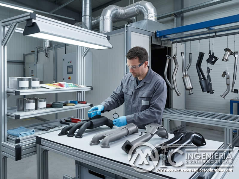 Preparación de Superficies para Pintura en Polvo en Escapes de Vehículos y Sistemas de Calefacción con pintura en polvo electrostática aplicada sobre piezas metálicas en Bogotá, Colombia. Montajes, Ingeniería y Construcción. MIC SAS.