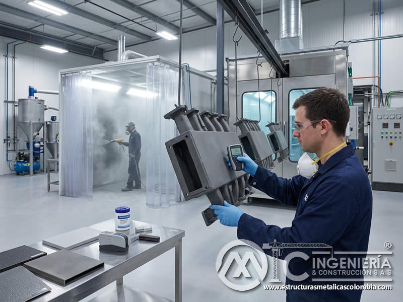 Medidas de Seguridad al Manipular y Aplicar Pintura en Polvo en Entornos con Productos Químicos Corrosivos con pintura en polvo electrostática aplicada sobre piezas metálicas en Bogotá, Colombia. Montajes, Ingeniería y Construcción. MIC SAS.