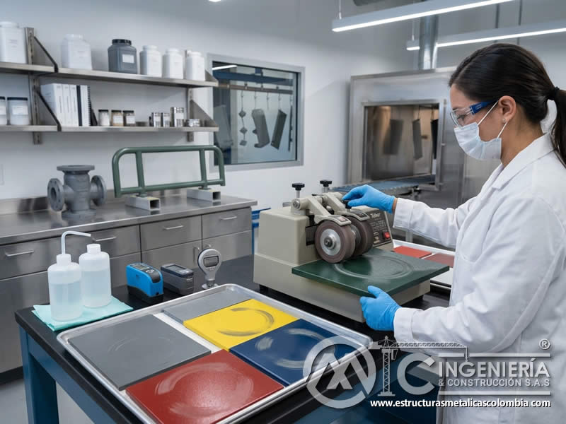 Pruebas de Laboratorio para Determinar la Resistencia a la Abrasión de la Pintura Electrostática en Polvo en la Industria Química con pintura en polvo electrostática aplicada sobre piezas metálicas en Bogotá, Colombia. Montajes, Ingeniería y Construcción. MIC SAS.