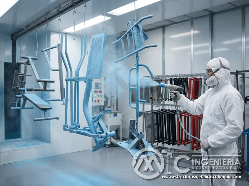 Aplicación electrostática en piezas metálicas de equipamiento deportivo en Bogotá, Colombia. Montajes, Ingeniería y Construcción. MIC SAS. Aplicación electrostática en piezas metálicas de equipamiento deportivo en Bogotá, Colombia. Montajes, Ingeniería y Construcción. MIC SAS.