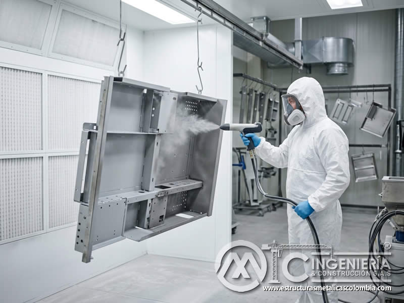 Aplicación electrostática en componentes medicos de acero y aluminio metálico en Bogotá, Colombia. Montajes, Ingeniería y Construcción. MIC SAS.