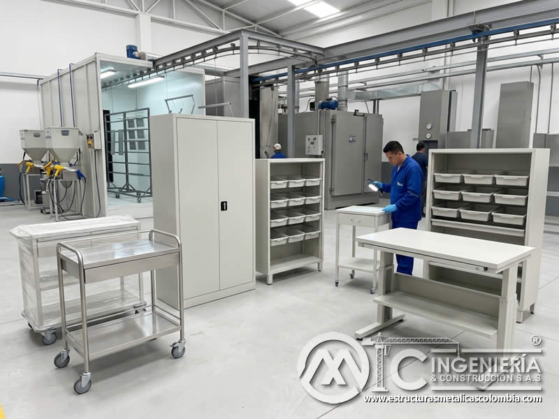 Pintura en polvo para mesas bases estanterias y gabinetes medicos metálico en Bogotá, Colombia. Montajes, Ingeniería y Construcción. MIC SAS.