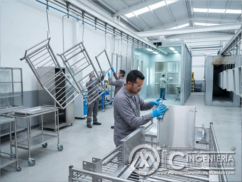 Pretratamiento de piezas metálicas para ambientes clinicos pintura en polvo en Bogotá, Colombia. Montajes, Ingeniería y Construcción. MIC SAS.