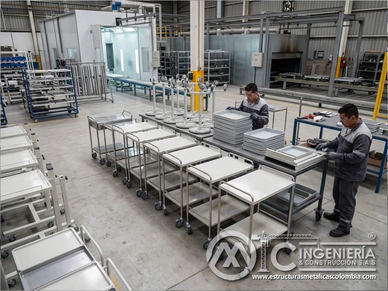 Recubrimiento uniforme para carros bandejas y soportes hospitalarios metálico en Bogotá, Colombia. Montajes, Ingeniería y Construcción. MIC SAS.