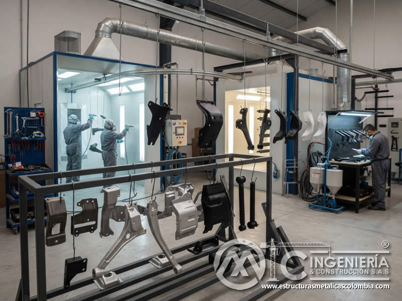 Aplicacion de pintura en polvo en piezas metalicas de industria automotriz en Bogot?, Colombia. Montajes, Ingenier?a y Construcci?n. MIC SAS.