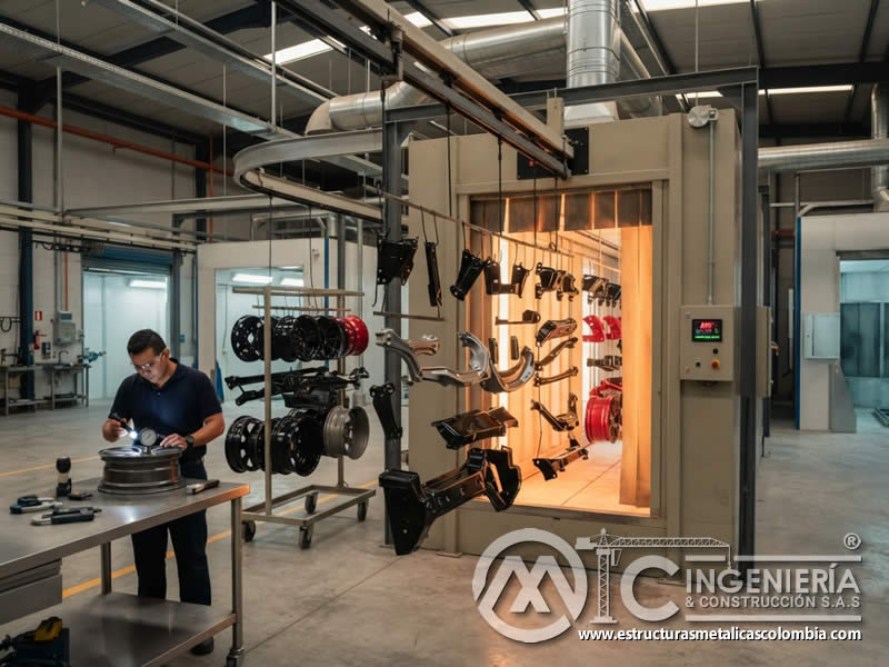 Curado en horno de componentes automotrices con recubrimiento resistente en Bogot?, Colombia. Montajes, Ingenier?a y Construcci?n. MIC SAS.