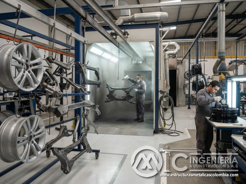 Recubrimiento electrostatico para rines chasis y componentes automotrices en Bogot?, Colombia. Montajes, Ingenier?a y Construcci?n. MIC SAS.