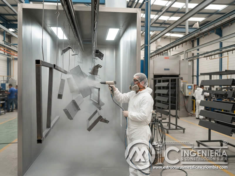 Recubrimiento electrostático para perfiles laminas y piezas de acero metálico en Bogotá, Colombia. Montajes, Ingeniería y Construcción. MIC SAS.