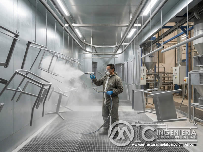 Aplicación electrostática en componentes metálicos de mobiliario fabricado en Bogotá, Colombia. Montajes, Ingeniería y Construcción. MIC SAS. Aplicación electrostática en componentes metálicos de mobiliario fabricado en Bogotá, Colombia. Montajes, Ingeniería y Construcción. MIC SAS.