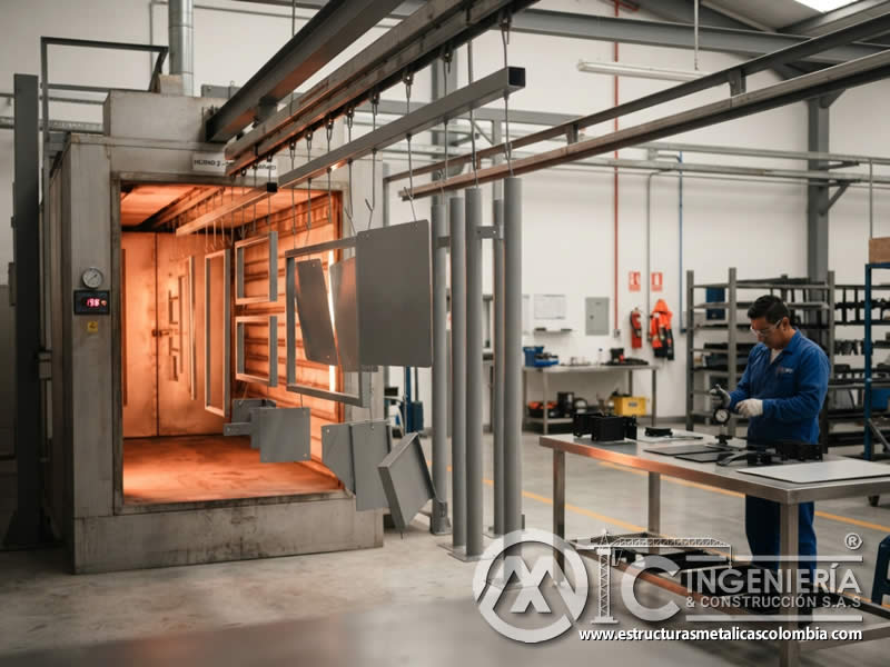 Curado en horno de componentes para avisos y señales metálicas Bogotá en Bogotá, Colombia. Montajes, Ingeniería y Construcción. MIC SAS.
