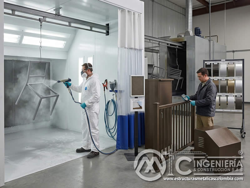 Acabados populares para pintura electrostática en polvo en interiores sobre piezas metálicas funcionales y decorativas en Bogotá, Colombia. Montajes, Ingeniería y Construcción. MIC SAS.