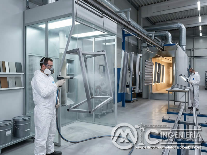 Preparacin de superficies para pintura en polvo epoxi y poliéster con limpieza, anclaje y control técnico sobre metal en Bogotá, Colombia. Montajes, Ingeniería y Construcción. MIC SAS.