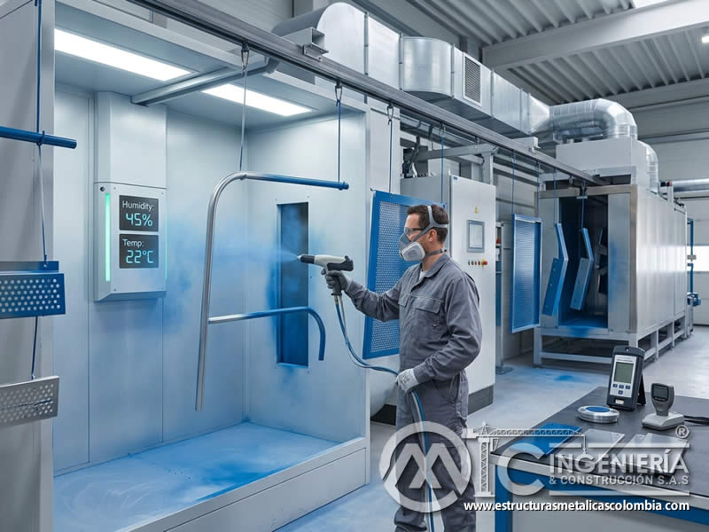 Temperatura ambiente y curado de pintura en polvo sobre piezas metálicas con control térmico y acabado uniforme en Bogotá, Colombia. Montajes, Ingeniería y Construcción. MIC SAS.