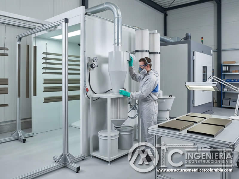 Limpieza de superficies de equipos médicos y de laboratorio con pintura en polvo sobre piezas metálicas en Bogotá, Colombia. Montajes, Ingeniería y Construcción. MIC SAS.