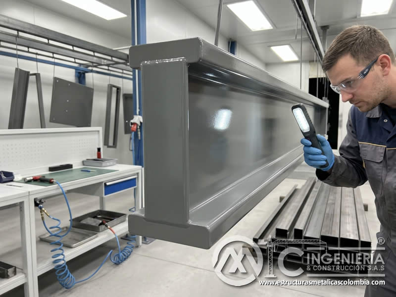 Barrera física y química de pintura en polvo que limita contacto de oxígeno humedad y corrosión en metal en Bogotá, Colombia. Montajes, Ingeniería y Construcción. MIC SAS.