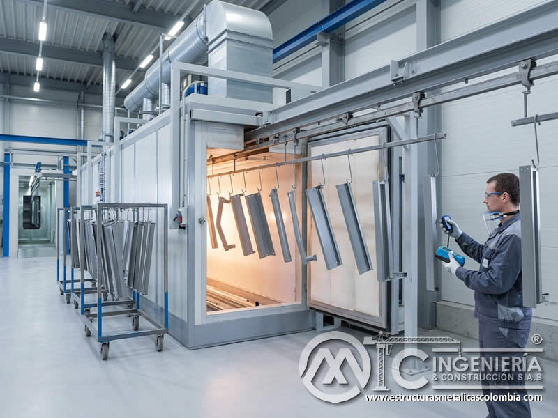 Curado al horno de pintura en polvo para mejorar resistencia anticorrosiva y durabilidad de piezas metálicas en Bogotá, Colombia. Montajes, Ingeniería y Construcción. MIC SAS.