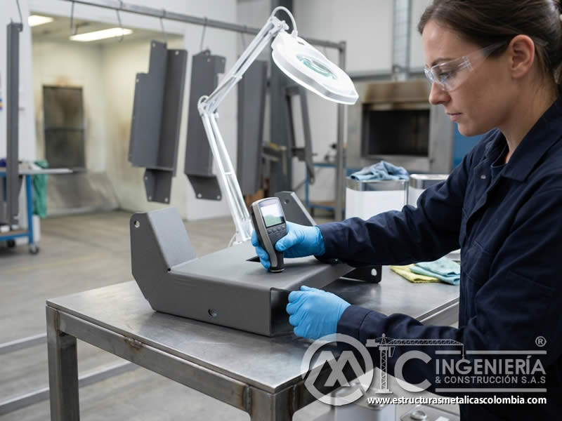 Medición de espesor de capa de pintura en polvo para verificar resistencia a la corrosión en superficie metálica en Bogotá, Colombia. Montajes, Ingeniería y Construcción. MIC SAS.