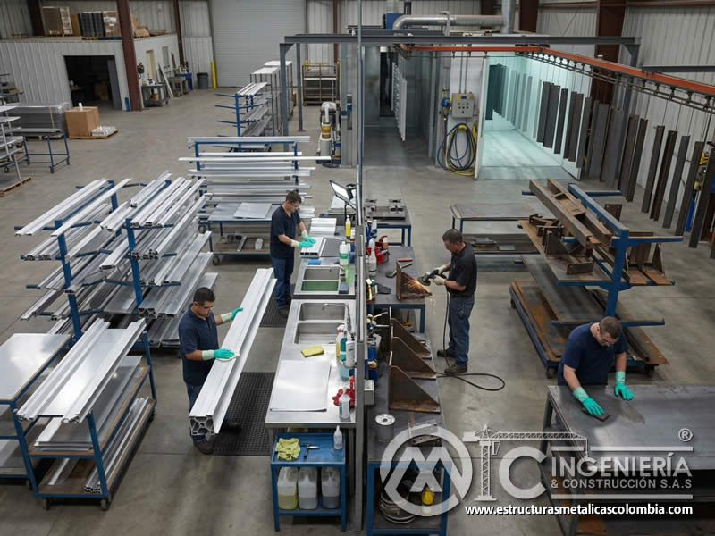 Preparación de aluminio y acero para pintura en polvo anticorrosiva en Bogotá, Colombia. Montajes, Ingeniería y Construcción. MIC SAS.