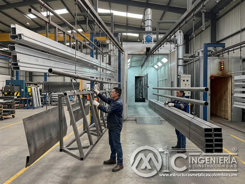 Acabado de piezas largas anchas y tubulares con pintura en polvo en Bogotá, Colombia. Montajes, Ingeniería y Construcción. MIC SAS. Acabado de piezas largas anchas y tubulares con pintura en polvo en Bogotá, Colombia. Montajes, Ingeniería y Construcción. MIC SAS.